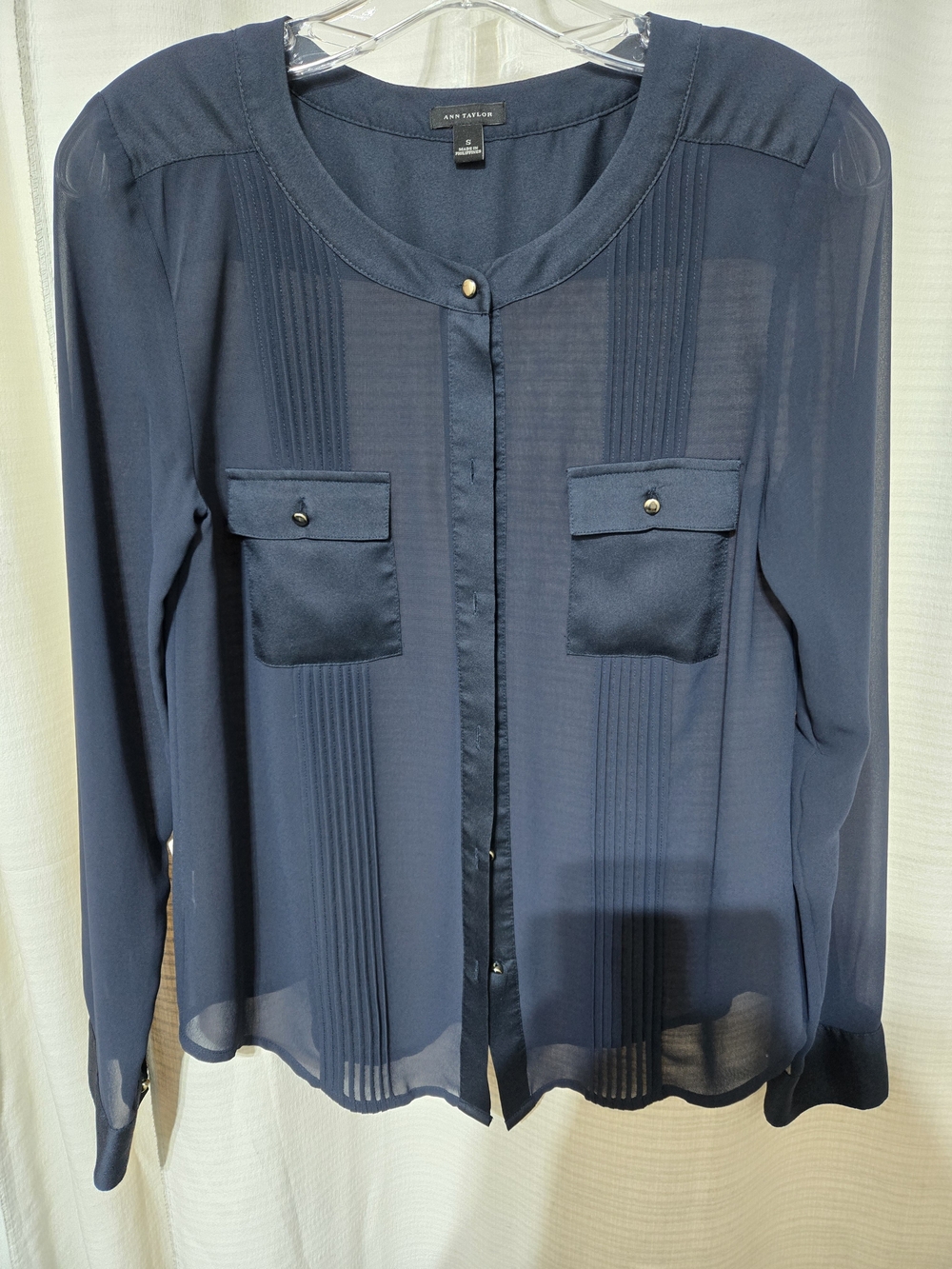Ann Taylor Navy Sheer Button-Front Blouse